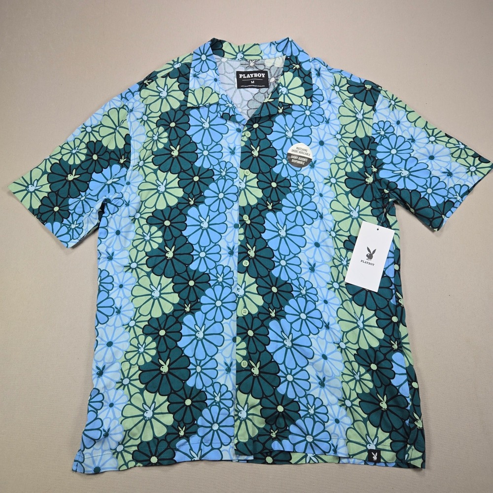 Playboy Short Sleeve Button Up Shirt Men's M‎ Blue Green Floral Aloha